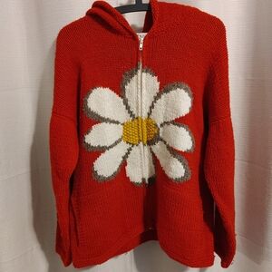 World Folk Art Women's Cozy Red Hooded Cardigan with Daisy Design 100% Wool